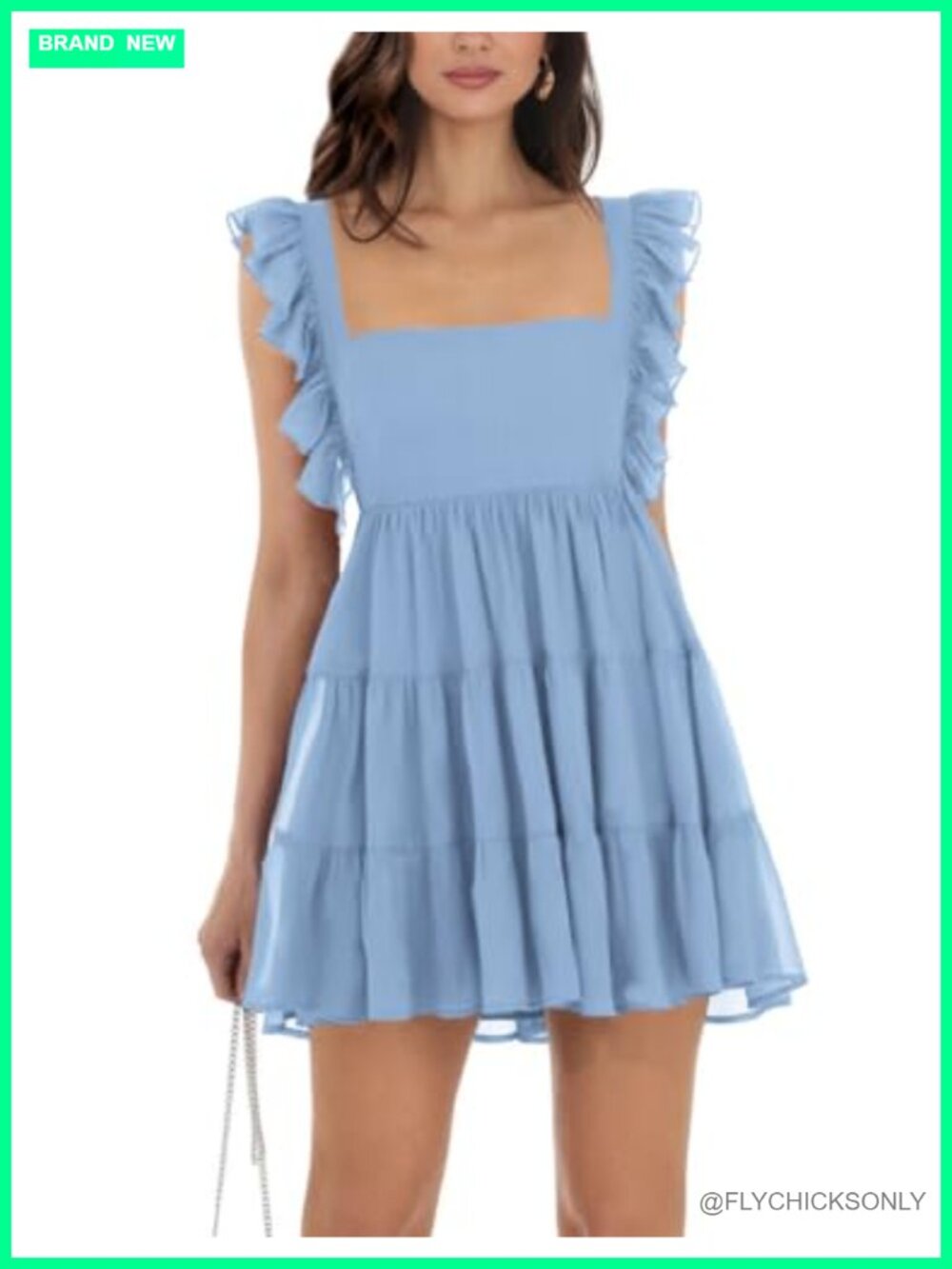 Women's Square Neck Tie Back Ruffle Sleeve Tiered Casual A-Line Mini Dress